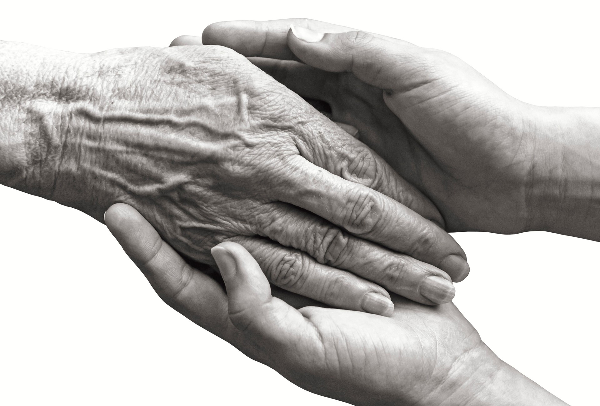 Young hands holding old woman hand isolated